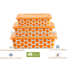 hot selling square food storage with silicone lid, set of 3, orange round dot design